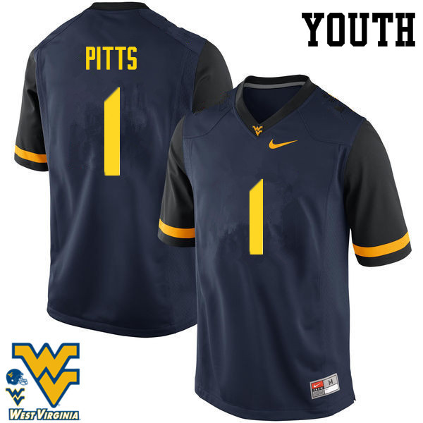 Youth #1 Derrek Pitts West Virginia Mountaineers College Football Jerseys-Navy - Click Image to Close